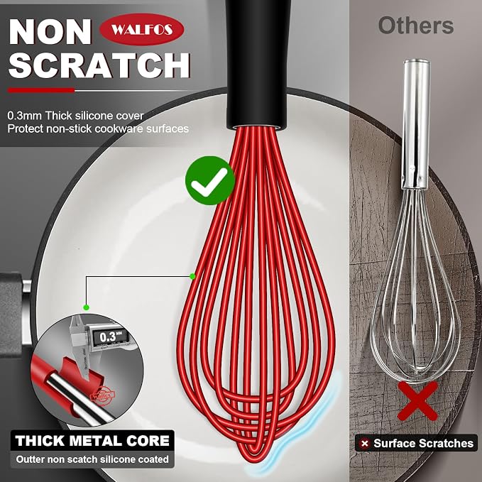 Walfos Whisk, Silicone Whisk Heat Resistant (480°F) Kitchen Whisks Set of 4- Professional Whisks For Cooking Non Scratch, Balloon Egg Wisk Perfect for Frothing, Blending, Beating