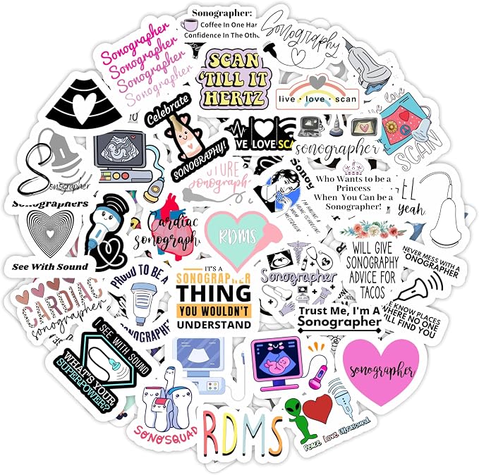 100Pcs Sonography Stickers, Ultrasound Stickers for Water Bottle and Laptop - Sonograper Party Supplies & Decorations, Waterproof Vinyl Decals, Medical and Ultrasound Stickers, Gifts for Women & Men
