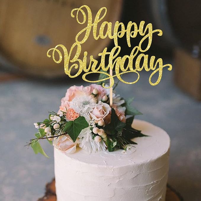 1 PCS Happy Birthday Cake Topper Glitter Happy Birthday Cake Pick Bunting Decor for Anniversary Celebrating Happy Birthday Party Cake Decorations Supplies Gold
