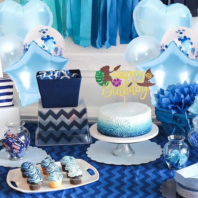 1 PCS Moana Happy Birthday Cake Topper Glitter Palm Leaf Flower Moana Cake Pick Tropical Hawaiian Luau Theme Cake Decorations for Baby Shower Kids Birthday Party Supplies Gold