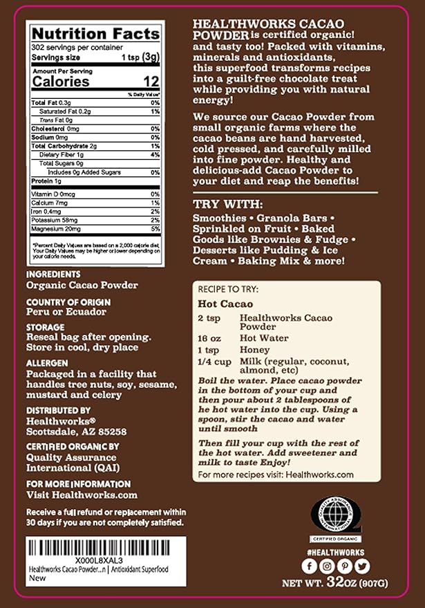 Healthworks Superfoods Organic Cacao Powder - 32 Oz / 2 Lbs - Cocoa Chocolate Substitute - Rich Chocolate Flavour - Sugar-Free, Keto, Vegan & Non-GMO - Peruvian Bean/Nut Origin - Antioxidant Superfood