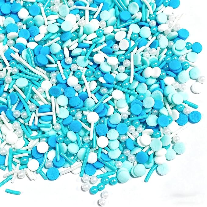 Sentovac Blue Sprinkles Edible Blue and White Round Confetti Jimmies Pearls for Cake Decorating Candy Cupcake Cookie Baking Donuts Ice Cream Dessert Decorations