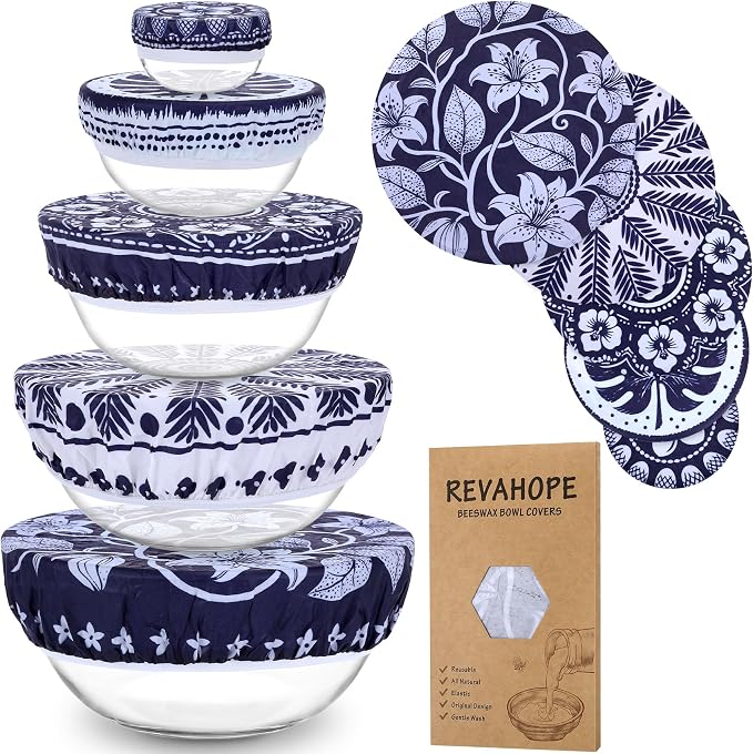 5-Size Reusable Beeswax Bowl Covers for Bread Proofing, Cotton Cloth Flexible Beeswax Wraps for Food Storage(Blue Lily)