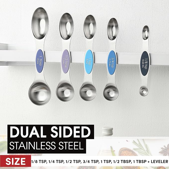 Spring Chef Stainless Steel Magnetic Measuring Cups, Set of 7 & Heavy Duty Magnetic Measuring Spoons, Set of 8 with Leveler - 2 Product Bundle - Winter Frost