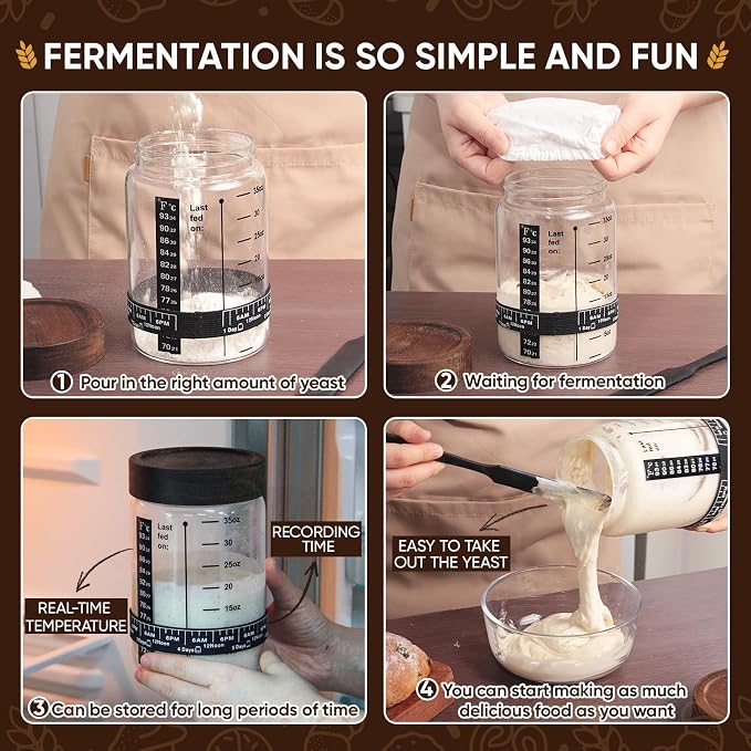 77L Sourdough Starter Jar, 35 oz Sourdough Starter Kit with Date Marker Feeding Band, Thermometer, Food-Grade Scraper, Cloth Cover and Acacia Wood Lid, Sourdough Bread Baking Supplies