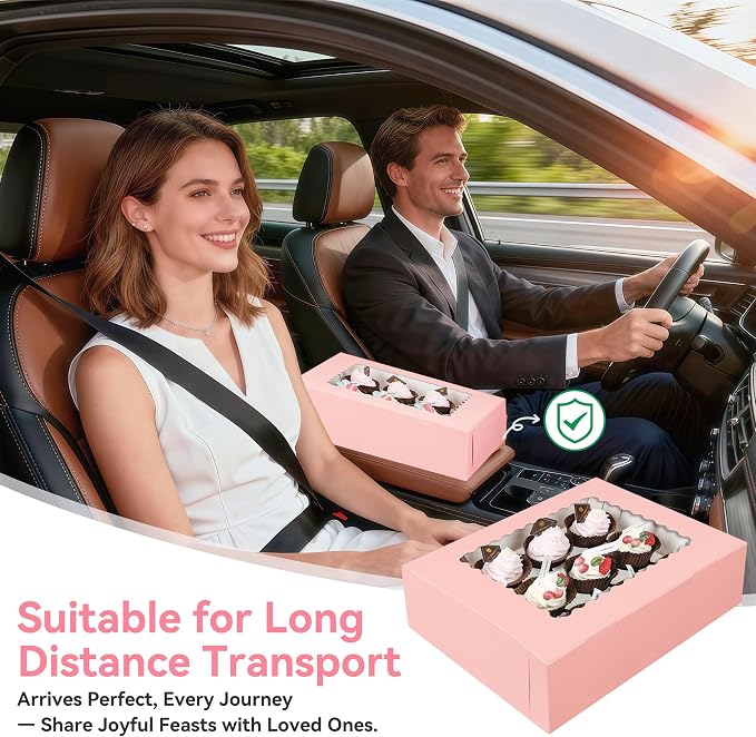 3-Set Cupcake Boxes Bulk with Clear Display Window Hold 12 Standard Cupcakes, Disposable Food Grade Pink Cupcake Carrier Cupcake Container, Perfect for Cupcakes Muffins Cookies Pastries