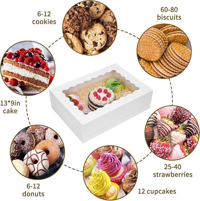 Moretoes 10pcs 14x10x4in Sheet Cake Boxes White Rectangle Bakery Boxes with Window, for Cake Pastry Baking Donuts Cupcake Pie Packaging