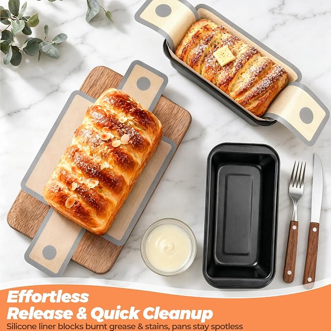 HOTEC Bread Loaf Pan with Liner Set of 4, Nonstick Bread Pans for Homemade Bread with Silicone Bread Sling Liners for Easy Release, Even Heat Distribution Bakeware for Meatloaf Lasagna Cake