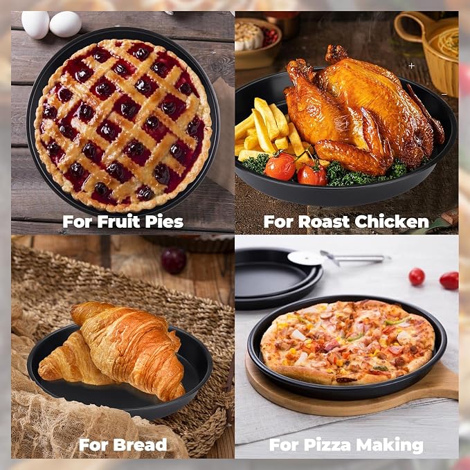 2 Pack Pizza Pan for Oven, Deep Dish Pizza Tray, Non-Stick Carbon Steel, Round Baking Sheet Plates, 12 Inch