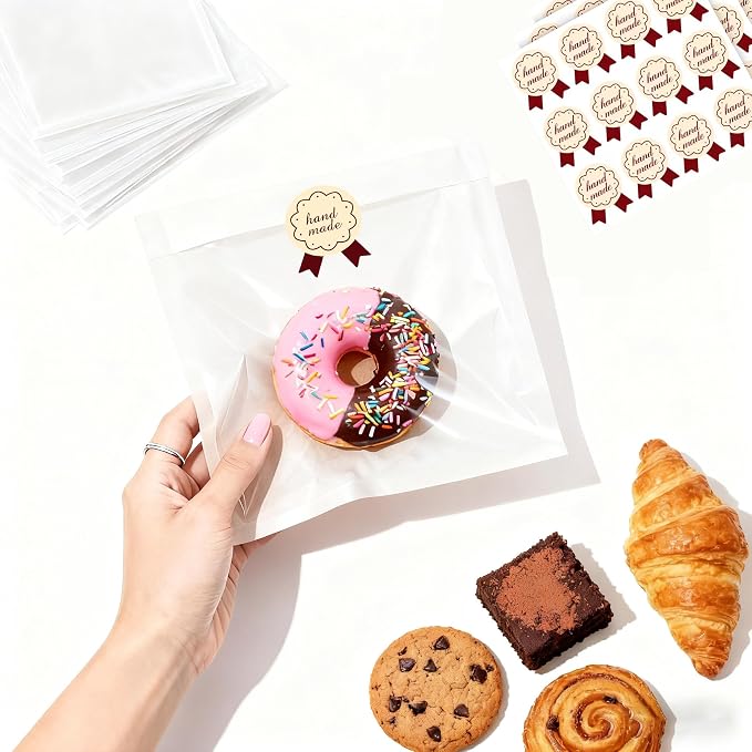 100 Pack Heat Sealable Bakery Bags with Window, 7.1x7.5 Inch Kraft Paper Cookie Bags, Grease Resistant Pastry Sleeves for Donut, Sandwich, Cake Slice, Bagel & Treat Packaging