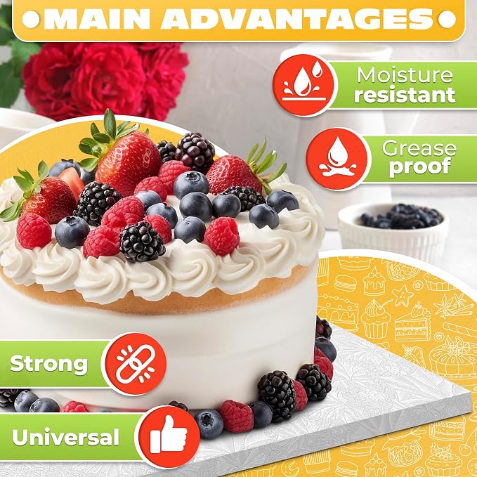 Cake Board Rectangle 13.8" x 9.9"x1/2" – Quarter Sheet Cake Drum with Double-Wall Corrugated Design, Grease-Resistant Foil, Smooth Edges – White Display for 4th of July Cakes, Pastries & Desserts