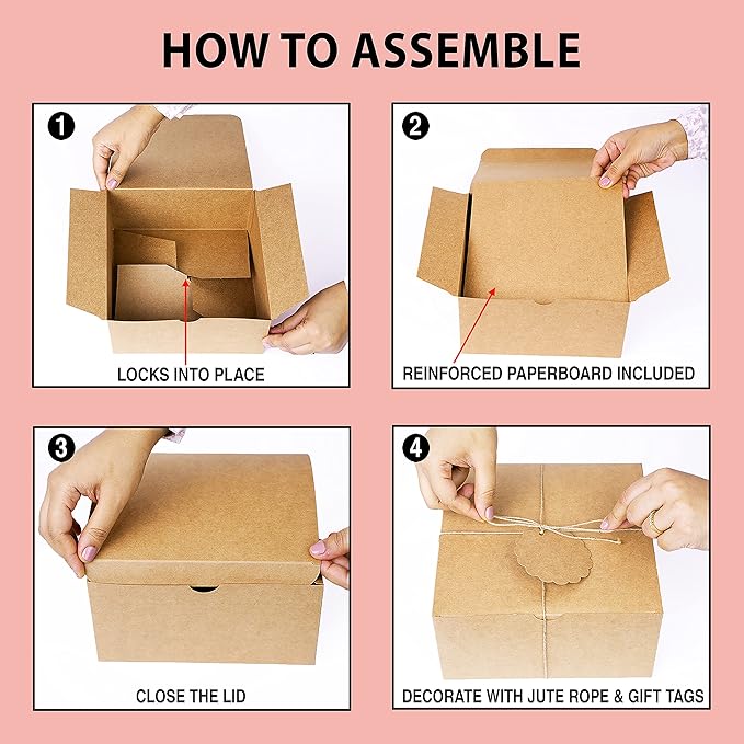 mudrit Kraft Gift Boxes 10 Pack 8x8x4 Inches, Thick Kraft Paper Boxes with Lids, Tags & Jute Rope for Gifts, Wedding Favours, Bridesmaid Proposals, Cupcakes, Crafting