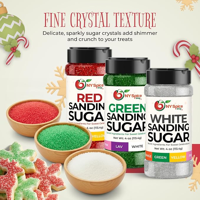 NY Spice Shop Sanding Sugar – Pack of 3 Red Green & White Baking Sugar Crystals - Holiday Dessert Decorations & Colorful Sugar - Themed Baking Supplies