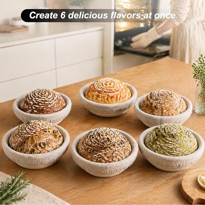 5 Inch Mini Banneton Bread Proofing Basket Set of 6, Easy-Clean Round Sourdough Proofing Basket, Small Banneton for Sourdough Bread Baking Supplies with Liners