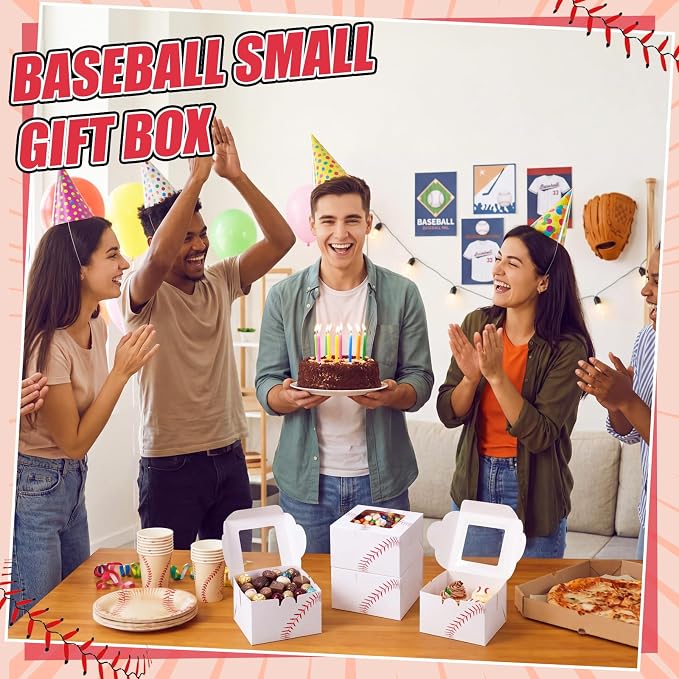 50 Pack Baseball Print Cookie Boxes with Window, Small Bakery Treat Boxes for Pastry Donuts Macaroon Cupcakes, Birthday Baseball Party Baby Shower Favors