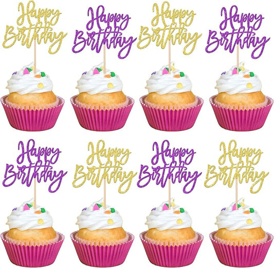 24 PCS Happy Birthday Cupcake Toppers Glitter Happy Birthday Cupcake Picks for Celebrating Anniversary Theme Party Cake Decorations Supplies Gold Purple