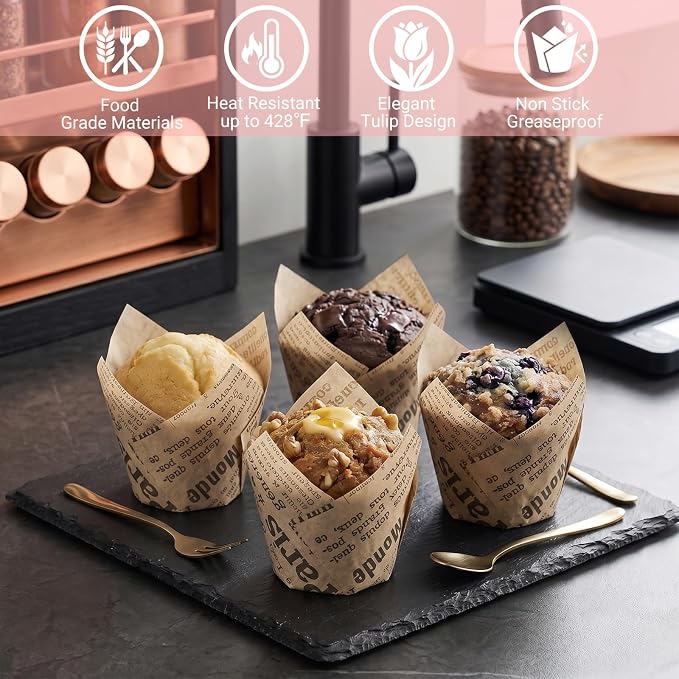 200 Pcs Newspaper Tulip Cupcake Liners for Baking, Natural Color | Standard Greaseproof Tulip Muffin Liners for Baking, 3oz Newspaper Paper Cupcake Wrappers for Party Wedding Birthday