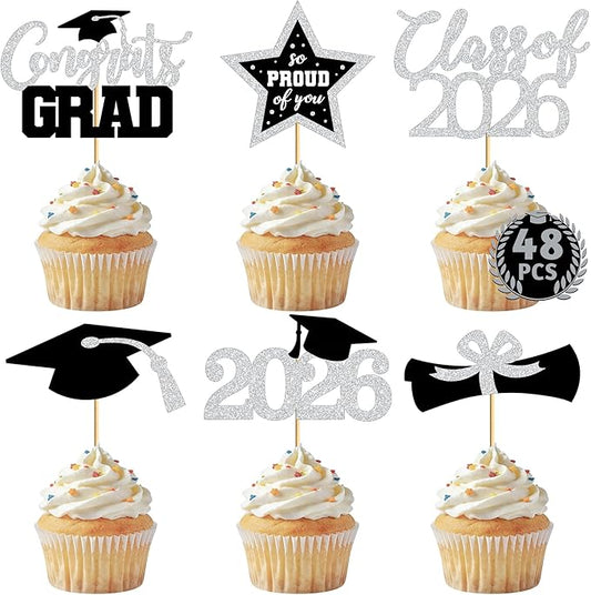 48 PCS Grad Cupcake Toppers, Congrats Graduation Cake Topper, Class of 2026 Black and Silver Graduation Decor, Glittery Cap and Diploma Cake Picks for Grad Party Decorations Supplies