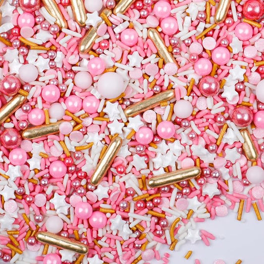 Valentines Sprinkles for Cake Decorating, 4.6 Oz White Pink Rose Gold Sprinkles Mix with Pearls Jimmies Star Confetti and Rod for Baking Cake Cupcake Cookies Ice Cream Topping