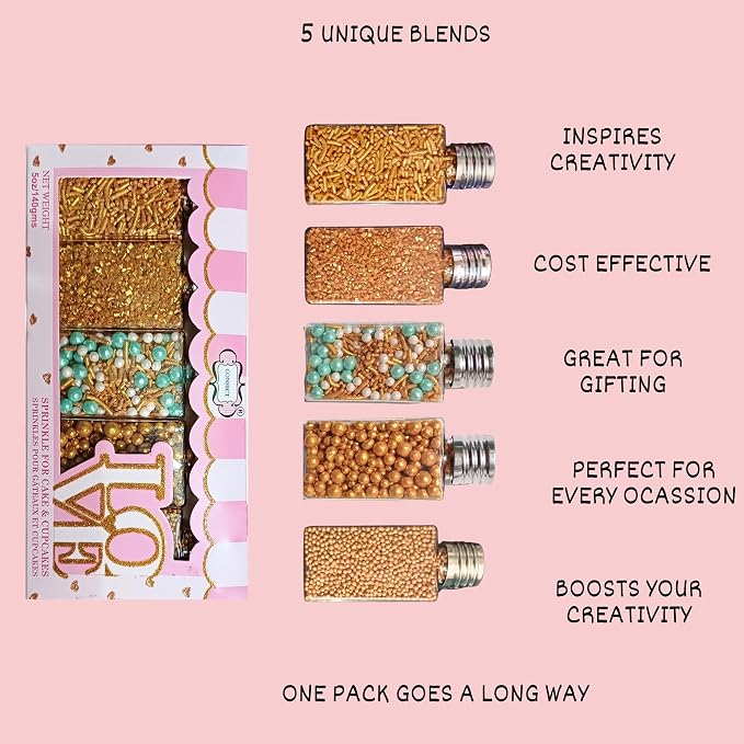 Confect Celebration Sprinkles Mix – Yellow, Teal, Pearl Dragees, Champagne Gold Jimmies & Sparkling Sugar – Cake & Cupcake Decorating Sprinkles for Spring, Parties, and Baking Decor | Vegan, Gluten-Free, Nut-Free, Soy-Free, Dairy-Free, Palm Oil-Free - ...