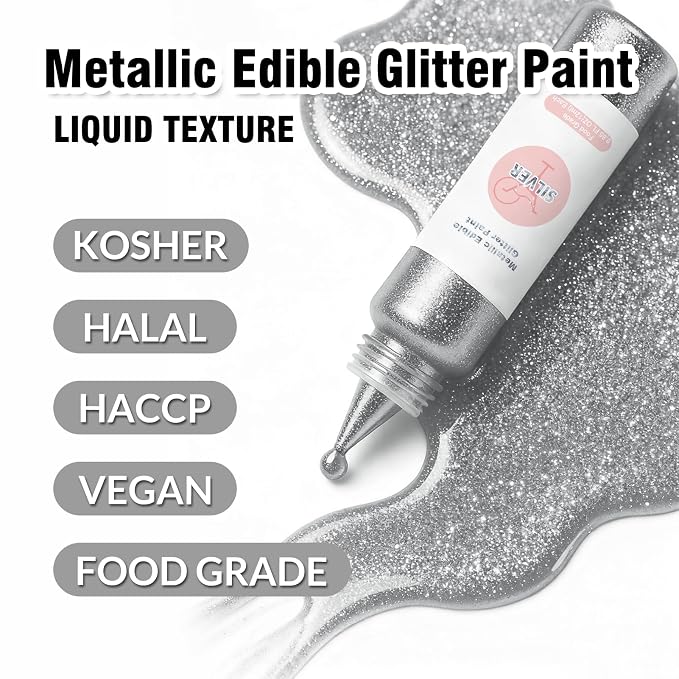 Edible Glitter Paint Set - Metallic Food Coloring Paint for Baking Cake Decorating -Vegan Art Decorative Cake Paint for Cupcakes, Cookies, Fondant, Donuts, Macaron, Candy 12ml/Each Bottle- 2 Silver