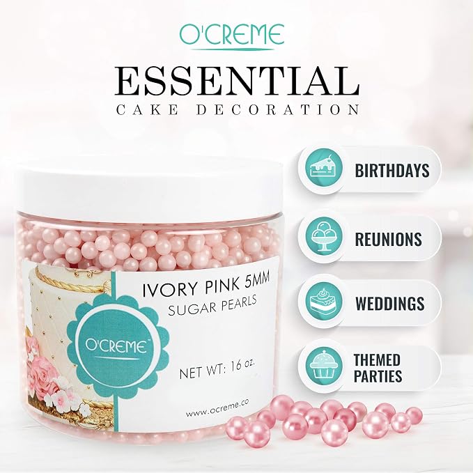 O'Creme Pink-Ivory Edible Sugar Pearls Cake Decorating Supplies for Bakers: Cookie, Cupcake & Icing Toppings, Beads Sprinkles For Baking, Certified, Candy Sugar Ball Accents (12mm, 8 Oz)