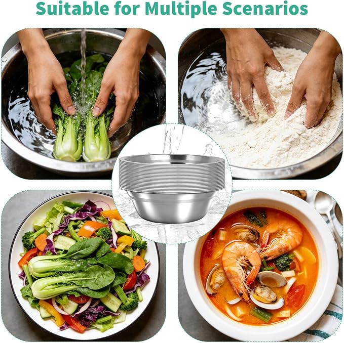 14 Pcs Stainless Steel Mixing Bowls Bulk, 8.66 x 5.1x 3 Inch Silver Metal Salad Bowl, Reusable Nesting Container, Food Baking Container, for Hotel Restaurant Home Kitchen