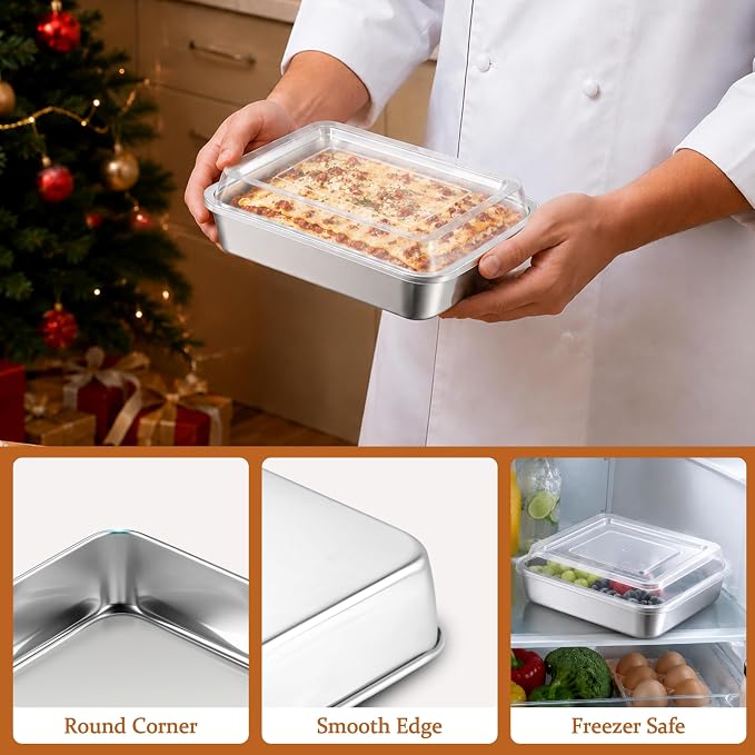 LIANYU Stainless Steel Lasagna Baking Pan with Lid, 9 x 7 x 2 Inch Rectangular Deep Cake Pan Set, Metal Bakeware for Bread Cookie, Oven & Dishwasher Safe (2 Pan +2 Lid)