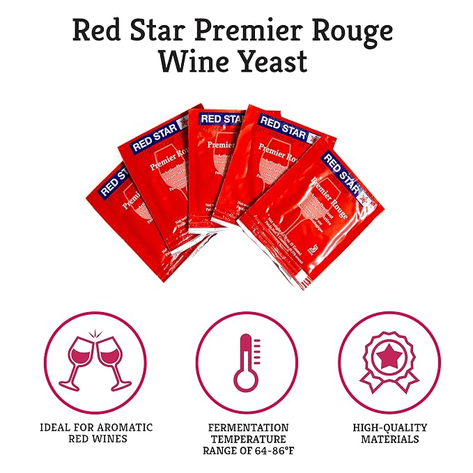 Craft A Brew - Red Star Premier Rouge Wine Yeast - Dry Wine Yeast - For Full-Bodied, Aromatic Red Wines - Ingredients for Home Fermenting - Wine Making Supplies - 5 Pack