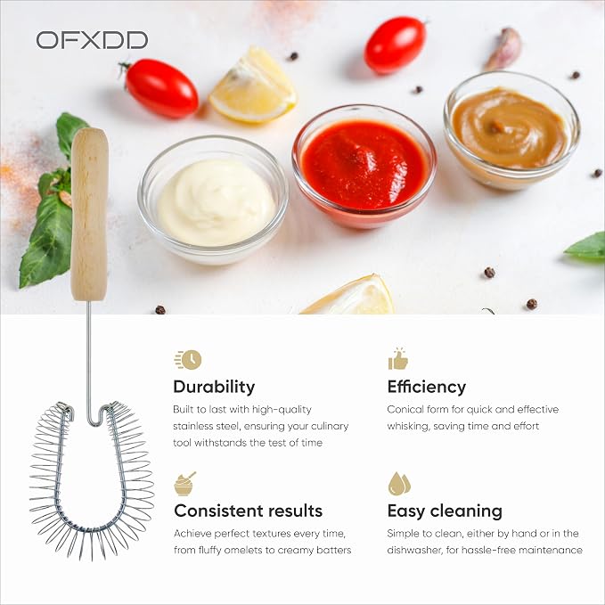 Stainless Steel Spiral Wire Whisk - Heavy Duty Coil Sauce & Gravy Whipper - Wooden Handheld Egg Whisks