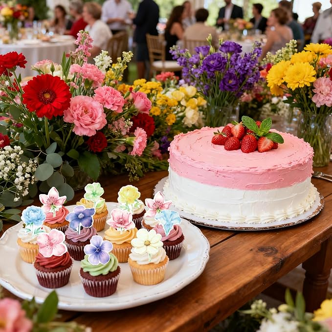 60 PCS Edible Flowers Cupcake Toppers Wafer Paper Daisy Rose Flower Cherry Cupcake Toppers Edible Flowers Cake Decorations for Baby Shower Wedding Birthday Valentine's Day Party Decorations Supplies