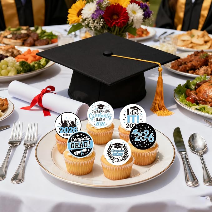 63 PCS Edible 2026 Graduation Cupcake Toppers Congrats Grad Class of 2026 Cake Decorations Edible Diploma 2026 Grad Cap Cupcake Picks for 2026 Graduation Party Cake Decorations Supplies Light Blue