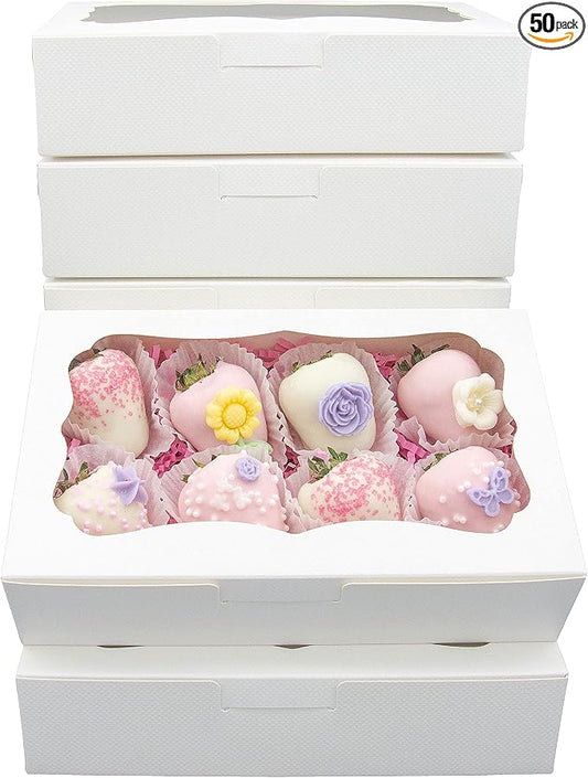 50pcs 8x5x2 Inch White Bakery Boxes Cookie Boxes with Window Treat Boxes Dessert Boxes for Cookie,Pastry,Macaron,Donut,Muffins,Chocolate,Cupcake and Candy Gift Giving