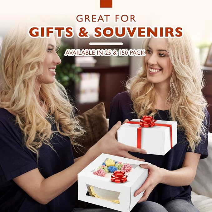 Fit Meal Prep 25 Pack Cake Boxes with Window 8 x 8 x 4 Inches Auto Pop-Up White Bakery Containers for Dessert, Cookies and Pastries, Treat Boxes Gift Packaging Boxes for Valentine's Day, Christmas