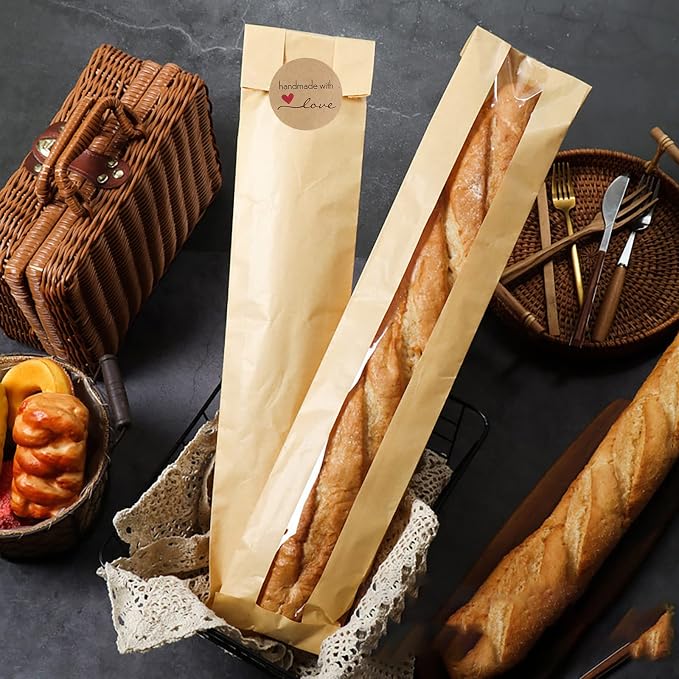 100 Pack Baguette Bags,Kraft Paper Bread Bags for Homemade Bread, Long French Bread Bags with Clear Front Window(23.5 x 4.3 x 1.6 Inch)