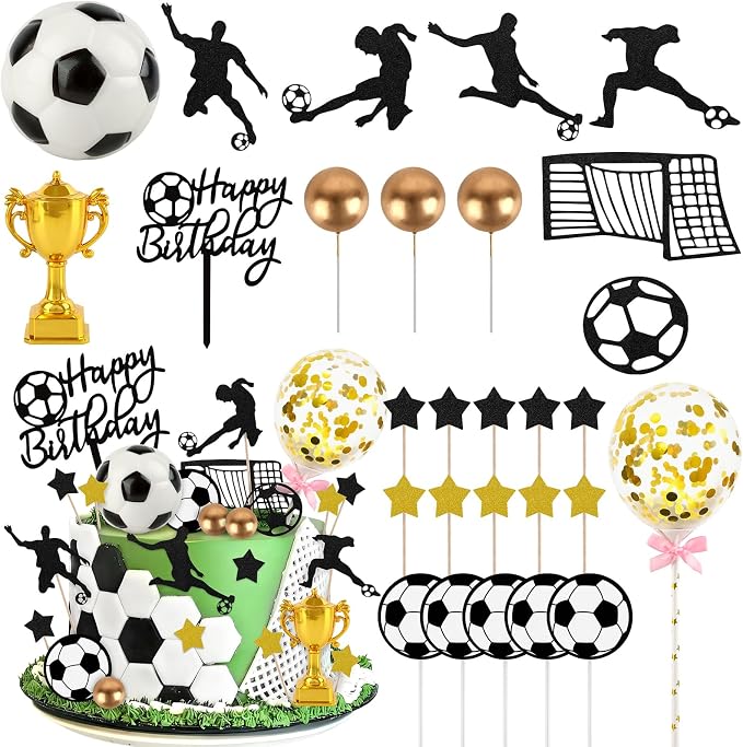 28 PCS Soccer Cake Topper Soccer Ball Player Cake Decorations with Ball Happy Birthday Topper for Boys Birthday Party Decorations Sport Themed Party Supplies