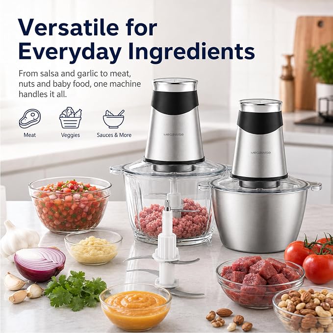 MEGAWISE Electric Food Chopper 800W, Dual-Speed Meat Grinder with1.2L 304# Stainless Steel Bowl & 2.2L Glass Bowl, BPA-Free Food Processor for Meat, Vegetables, and Nuts