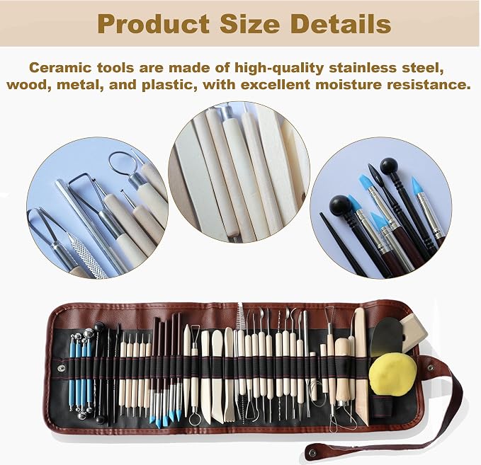 CeeVian 43PCS Clay Sculpting Tools Kit, Pottery Tools Set with Stainless Steel & Wooden Clay Carving Tools, Ball Stylus, Rubber Tip Shapers, Sponge & Storage Bag for Ceramic, Polymer Clay, Sculpting