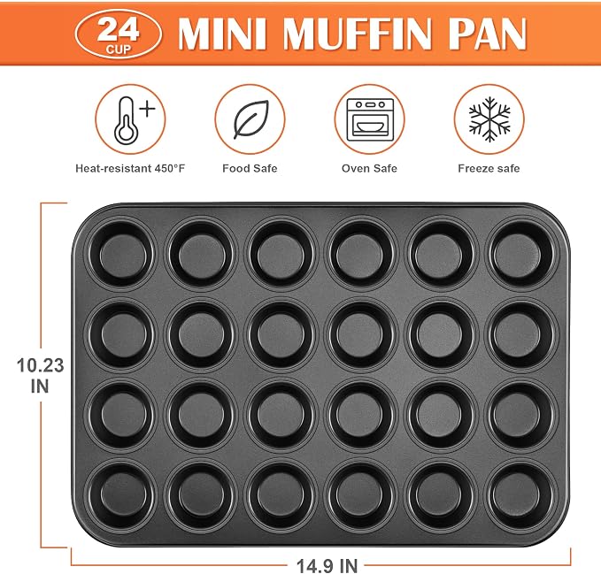E-far Mini Muffin Pan - 24-Cup Nonstick Carbon Steel Cupcake Tin for Perfect Mini Muffins & Cupcakes, Warp-Free Bakeware for Even Baking & Easy Release, Oven Safe