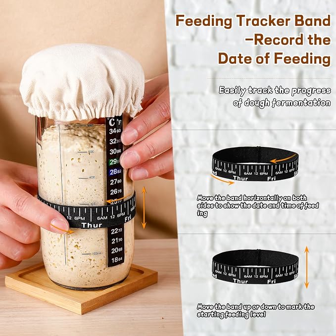 Sourdough Bread Baking Supplies,24 oz Sourdough Starter Jar Glass, Sourdough Starter Kit with Date Marked Feeding Band, Thermometer, Silicone Scraper, Sewn Cloth Cover & Aluminum Lid, Sourdough Jar