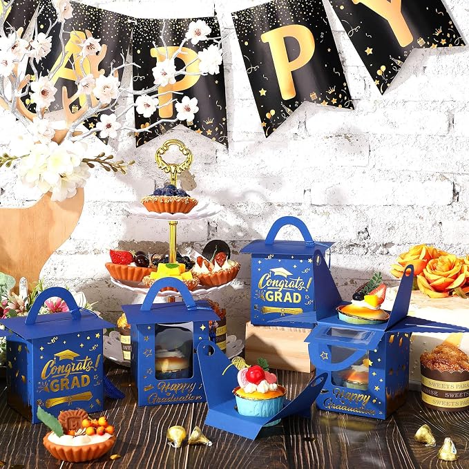 Outus 30 Pcs Graduation Cupcake Boxes Graduation Gift Box Congrats Grad Cupcake Container Candy Boxes with Window and Tassel for 2026 College High School Grad Party(Blue)