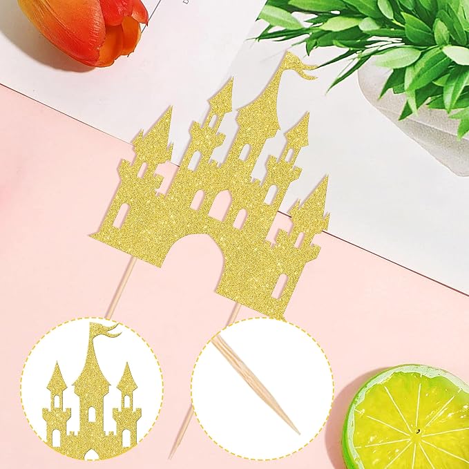 1 PCS Castle Cake Topper Glitter Princess Cake Topper Castle Theme Birthday Party Decorations Queen Castle Cake Pick for Princess Prince Birthday Baby Shower Party Cake Decorations Supplies Gold