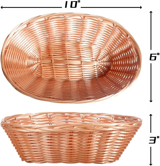 12 Pack Plastic Oval Woven Baskets,10"L x 6"W x 3"H Inch Small Bread and Fruit Baskets for Food Storage,Serving,Gift Packaging, Kitchen,and Restaurant Display or Storage basket etc.