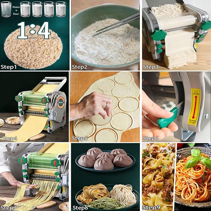 Commercial Pasta Maker Machine,Electric Noodle Maker&Dumpling Machine for Home Use,Stainless Steel Dual-Cutter No Disassembled-3/9mm Width Noodle/Thickness Dough-Auto Noodle Sheeter