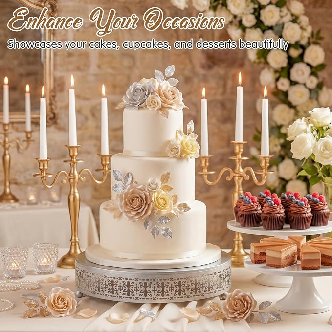 Wenqik Silver Cake Stand 12 Inch Metal Round Wedding Cake Stand with Cutting & Spatula Cupcake Dessert Cookies Display Holder Fruit Serving Tray for Wedding Birthday Anniversary Party
