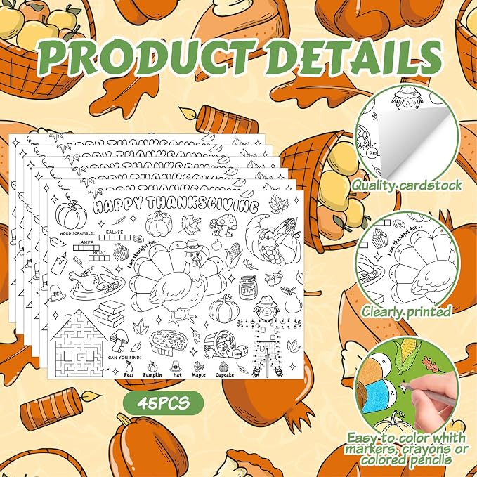 45pcs Thanksgiving Coloring Placemats for Kids Disposable Coloring Poster Fall Autumn Gifts School Classroom Activities Paper Table Mats
