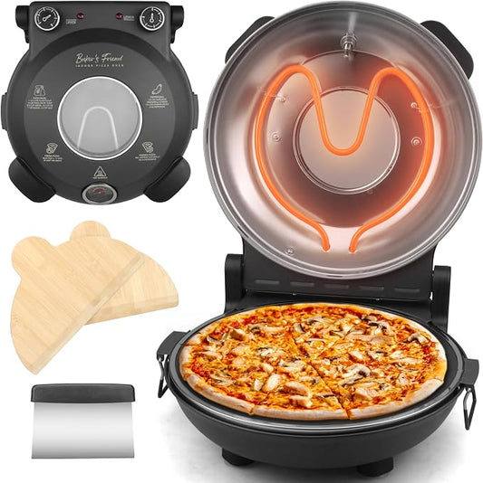 Baker's Friend Electric Pizza Oven Indoor Countertop, 12 Inch Pizza Maker Machine for Home, Pizza Cooker & Grill, Premium Glazed Ceramic Stone, Graphite Gray