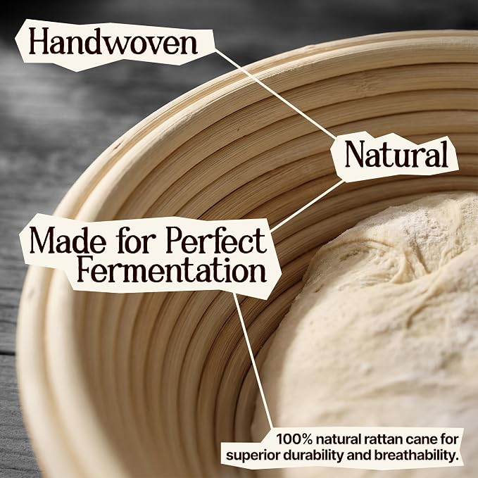 TEY 9'' Banneton Bread Proofing Basket Set – Natural Rattan Banneton with Linen Liner, Baking Tools & Accessories, Digital Recipe eBook, Artisan Sourdough Starter Kit, Homemade Bread Baking Gift Set
