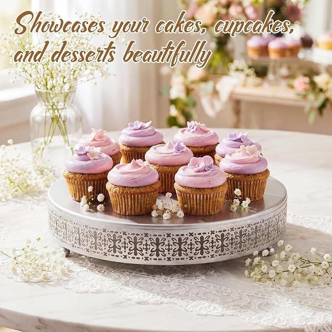 Wenqik Silver Cake Stand 18 Inch Metal Round Cupcake Dessert Wedding Cake Stand with Cutting & Spatula Cookies Display Holder Fruit Serving Tray for Table Wedding Birthday Anniversary Party