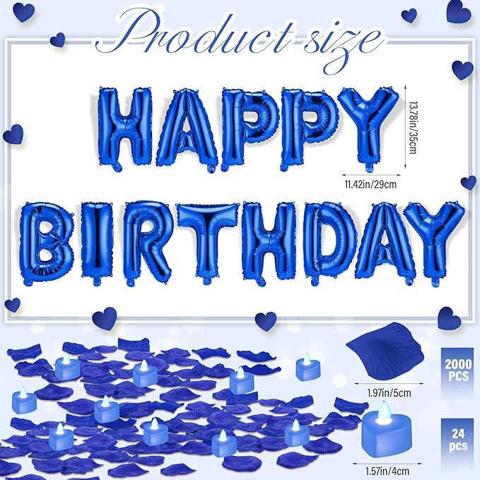 Blue Happy Birthday Balloons Decorations Happy Birthday Letter Balloons Banner Set with 24pcs Heart Flameless LED Candles and 2000pcs Artificial Rose Petals for Women Men Room Party Decor